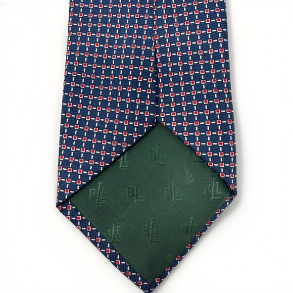 Lauren Ralph Lauren Navy Blue Red‎ Geometric Square 100% Silk Mens Neck Tie 57" - Picture 3 of 6